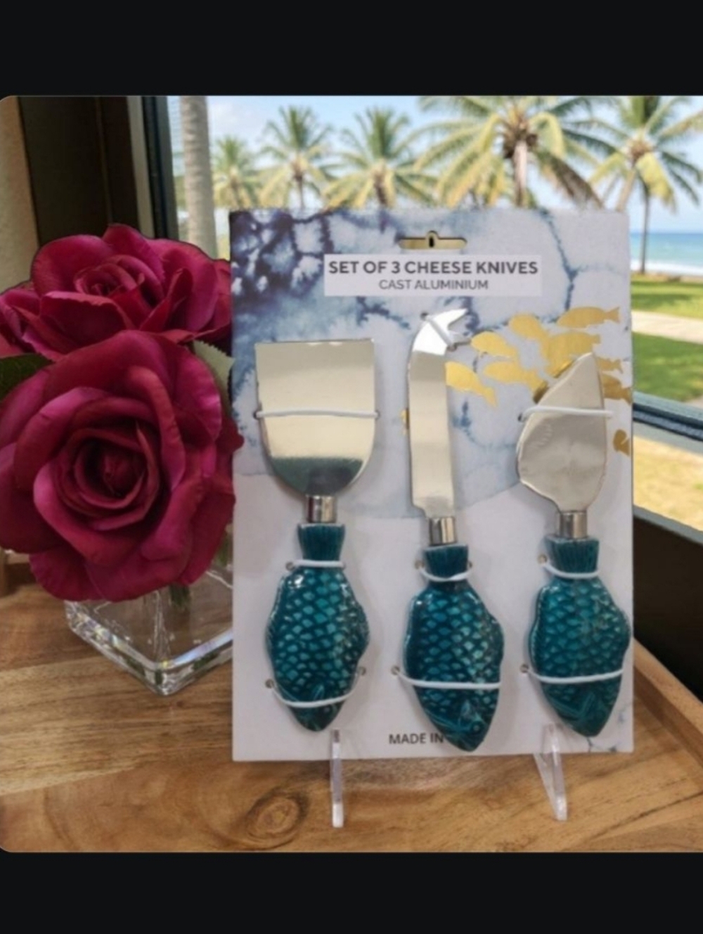 3pc Blue Fish Cheese Knives For Charcutterie Appetizers Tapas Coastal Beach New